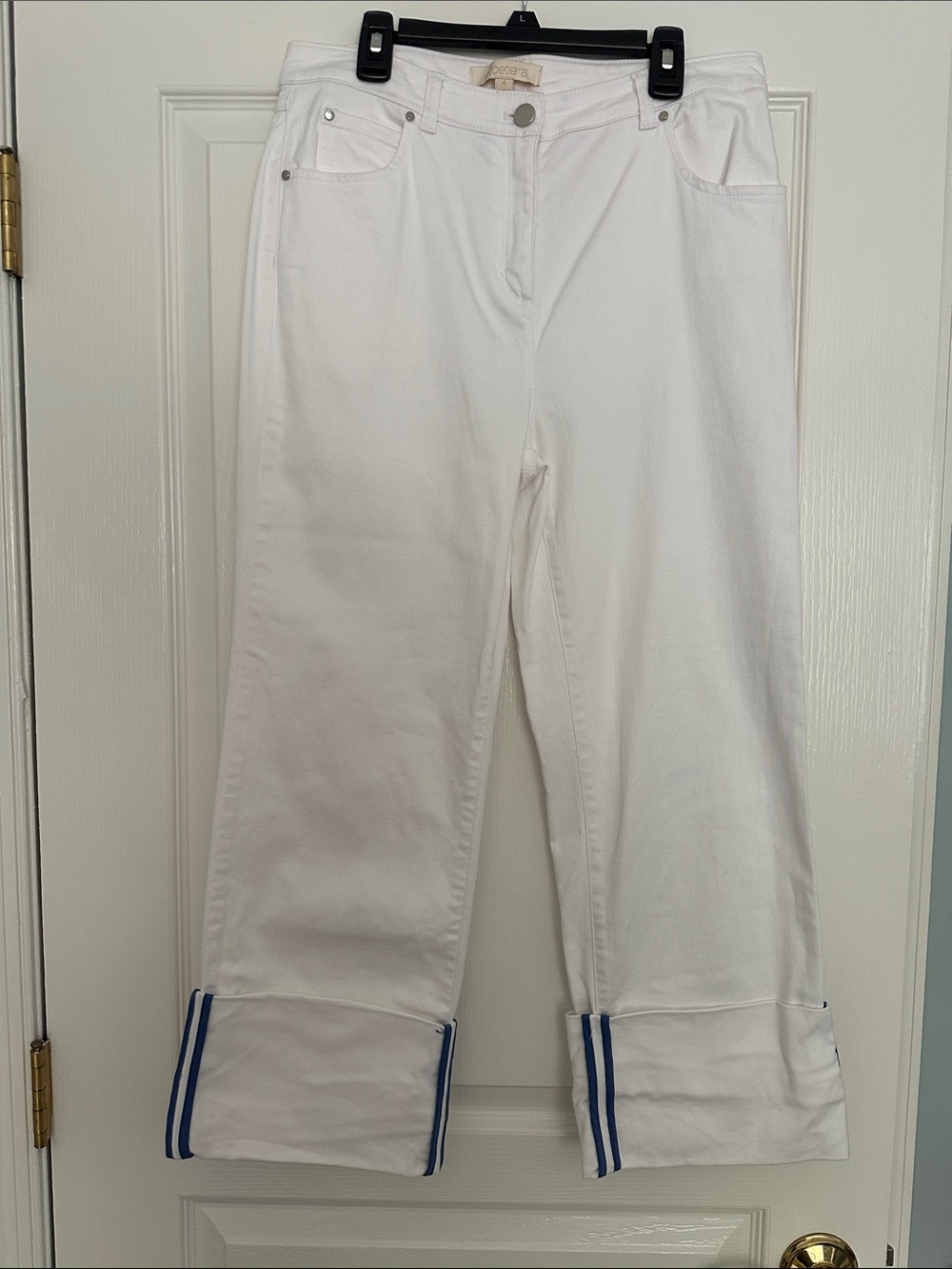 Etcetera Size 4 Wide-Leg Crop Jeans Preppy White Denim & Blue Stripe Cuffs